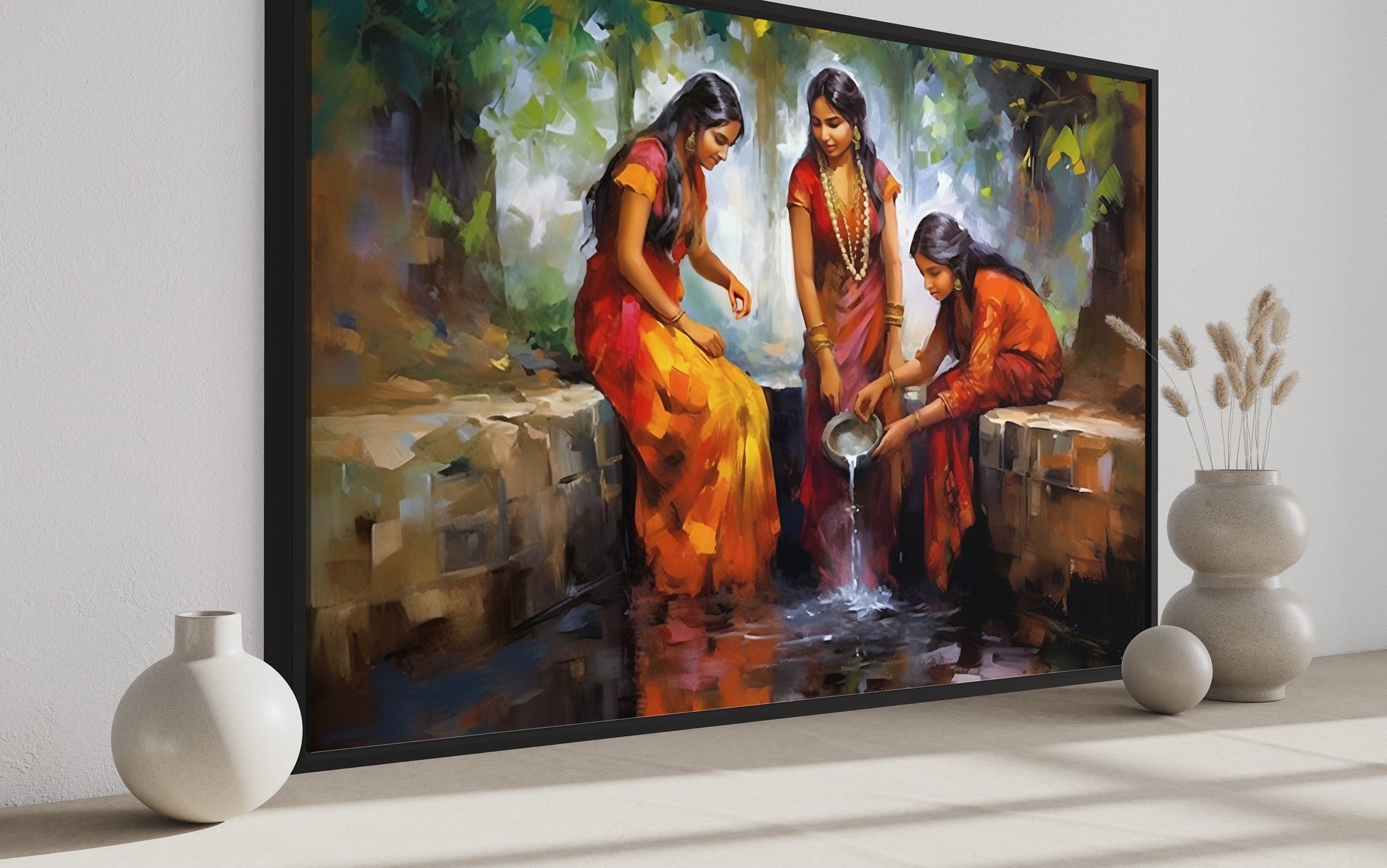 Indian Women At The Well Traditional Framed Canvas Wall Art For Indian Room Decor