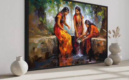 Indian Women At The Well Traditional Framed Canvas Wall Art For Indian Room Decor