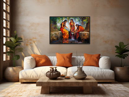 Indian Women At The Well Traditional Framed Canvas Wall Art For Indian Room Decor