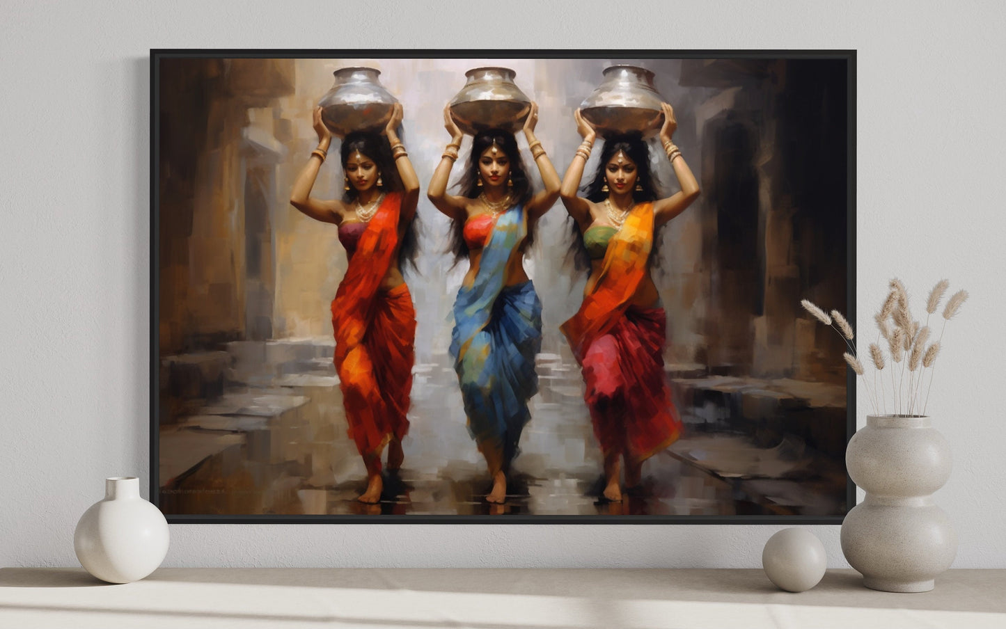 Indian Women Head Carrying Water Pots Framed Canvas Wall Art