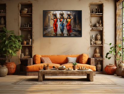Indian Women Head Carrying Water Pots Framed Canvas Wall Art