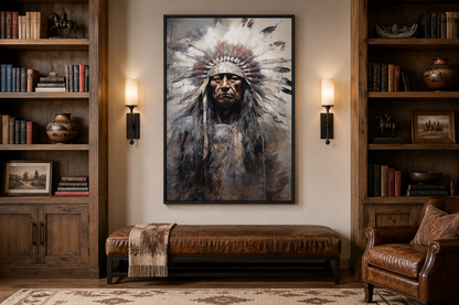 Indian Chief Native American Framed Canvas Wall Art