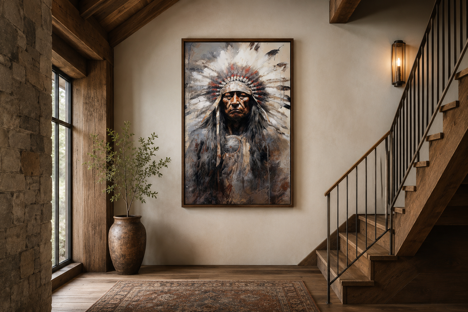 Indian Chief Native American Framed Canvas Wall Art