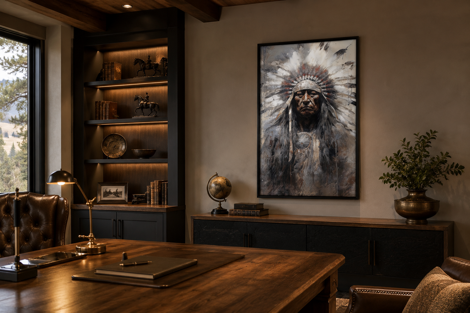 Indian Chief Native American Framed Canvas Wall Art