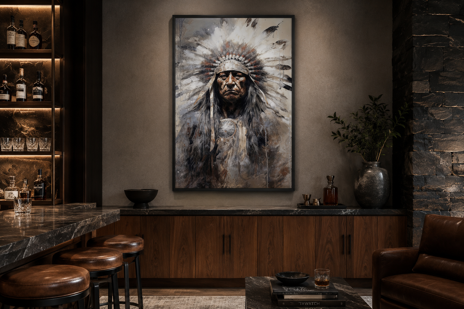 Indian Chief Native American Framed Canvas Wall Art