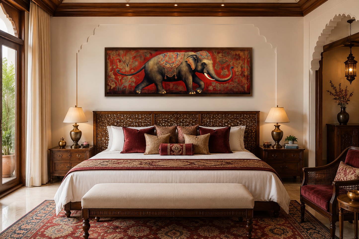 Indian Elephant Traditional Panoramic Framed Canvas Wall Art