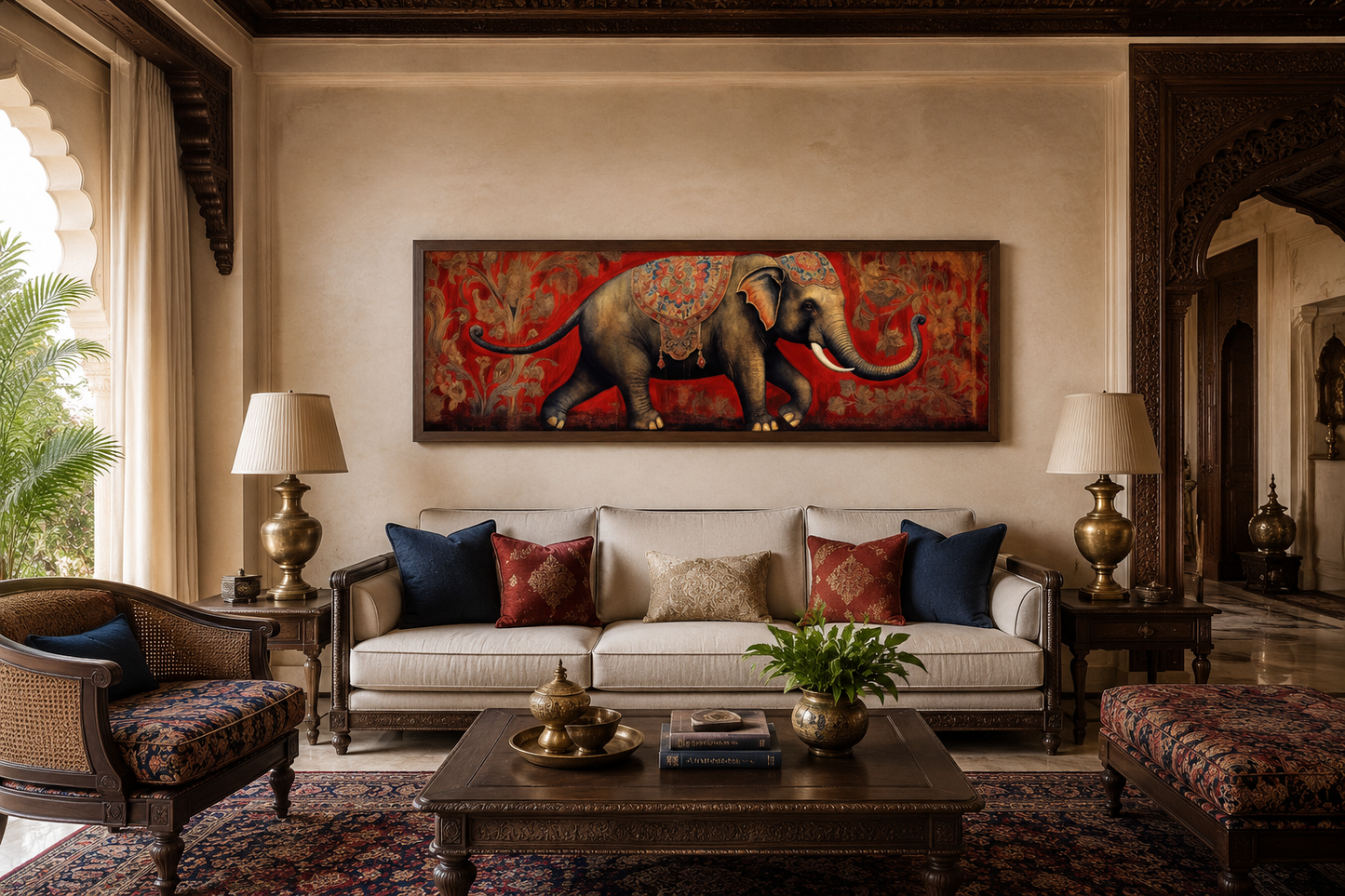 Indian Elephant Traditional Panoramic Framed Canvas Wall Art