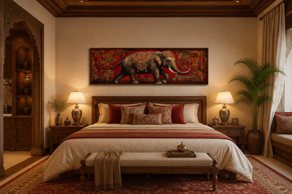 Indian Elephant Traditional Panoramic Framed Canvas Wall Art