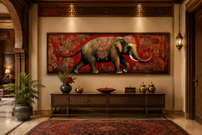 Indian Elephant Traditional Panoramic Framed Canvas Wall Art