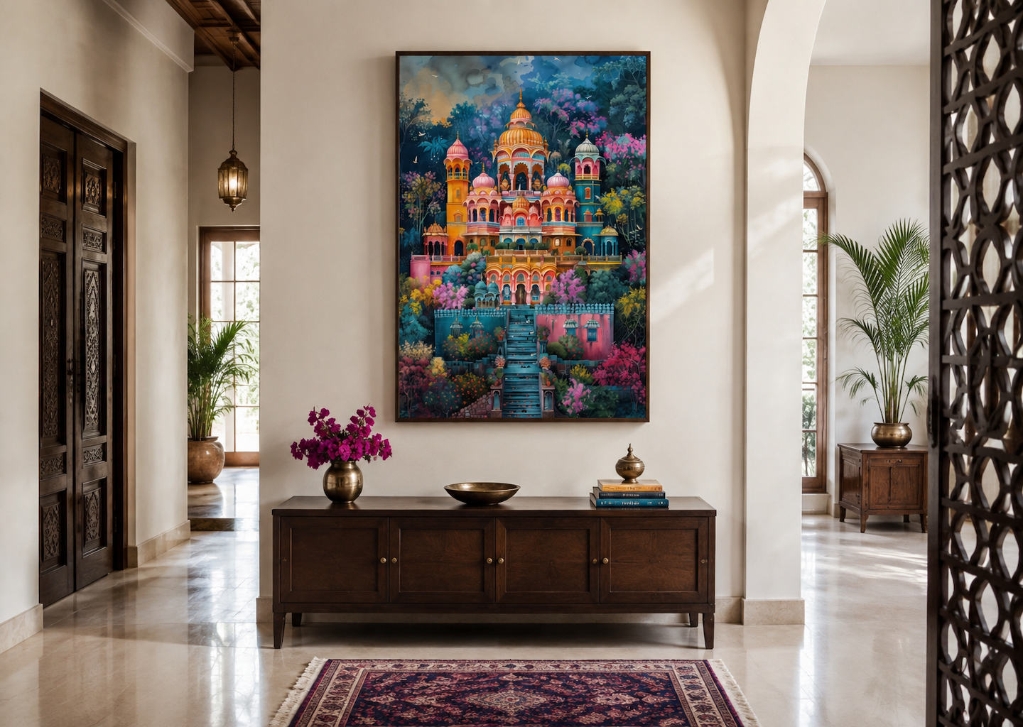 Indian Temple Colorful Painting Traditional Indian Home Decor Canvas Wall Art