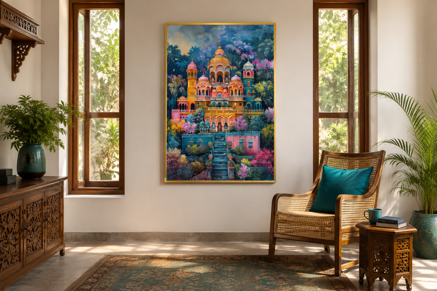 Indian Temple Colorful Painting Traditional Indian Home Decor Canvas Wall Art