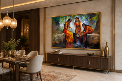 Indian Women At The Well Traditional Framed Canvas Wall Art For Indian Room Decor