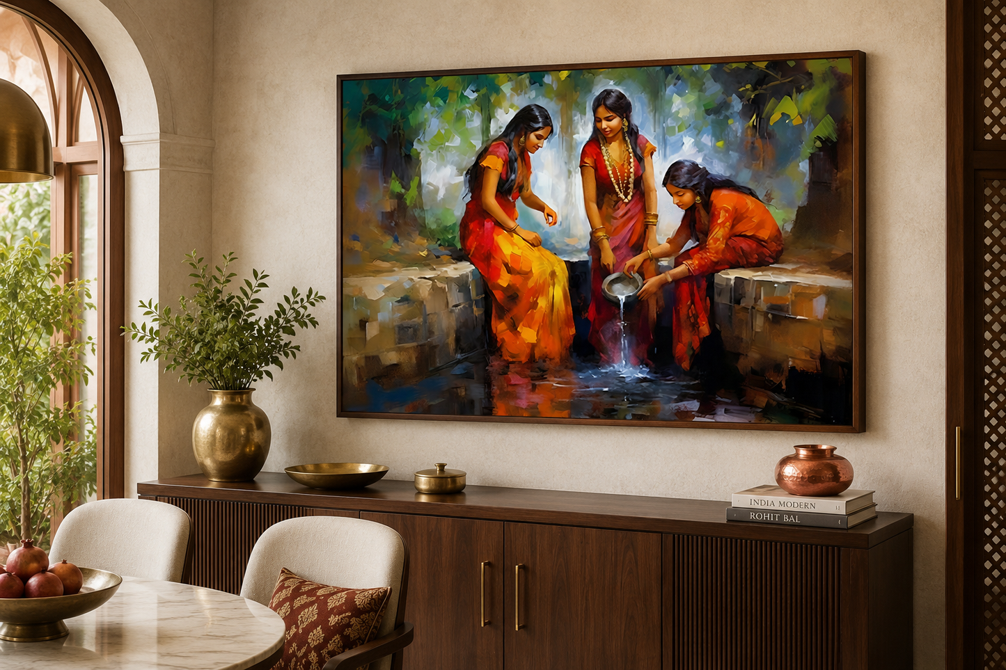 Indian Women At The Well Traditional Framed Canvas Wall Art For Indian Room Decor