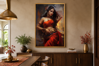 Indian Woman Dancing Traditional Folk Dance Framed Canvas Wall Art