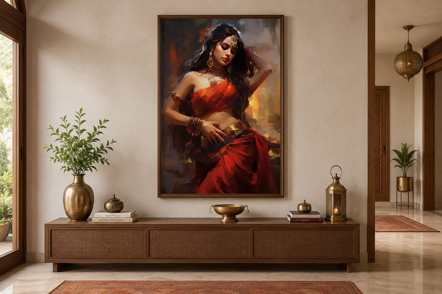 Indian Woman Dancing Traditional Folk Dance Framed Canvas Wall Art