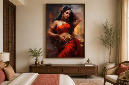 Indian Woman Dancing Traditional Folk Dance Framed Canvas Wall Art
