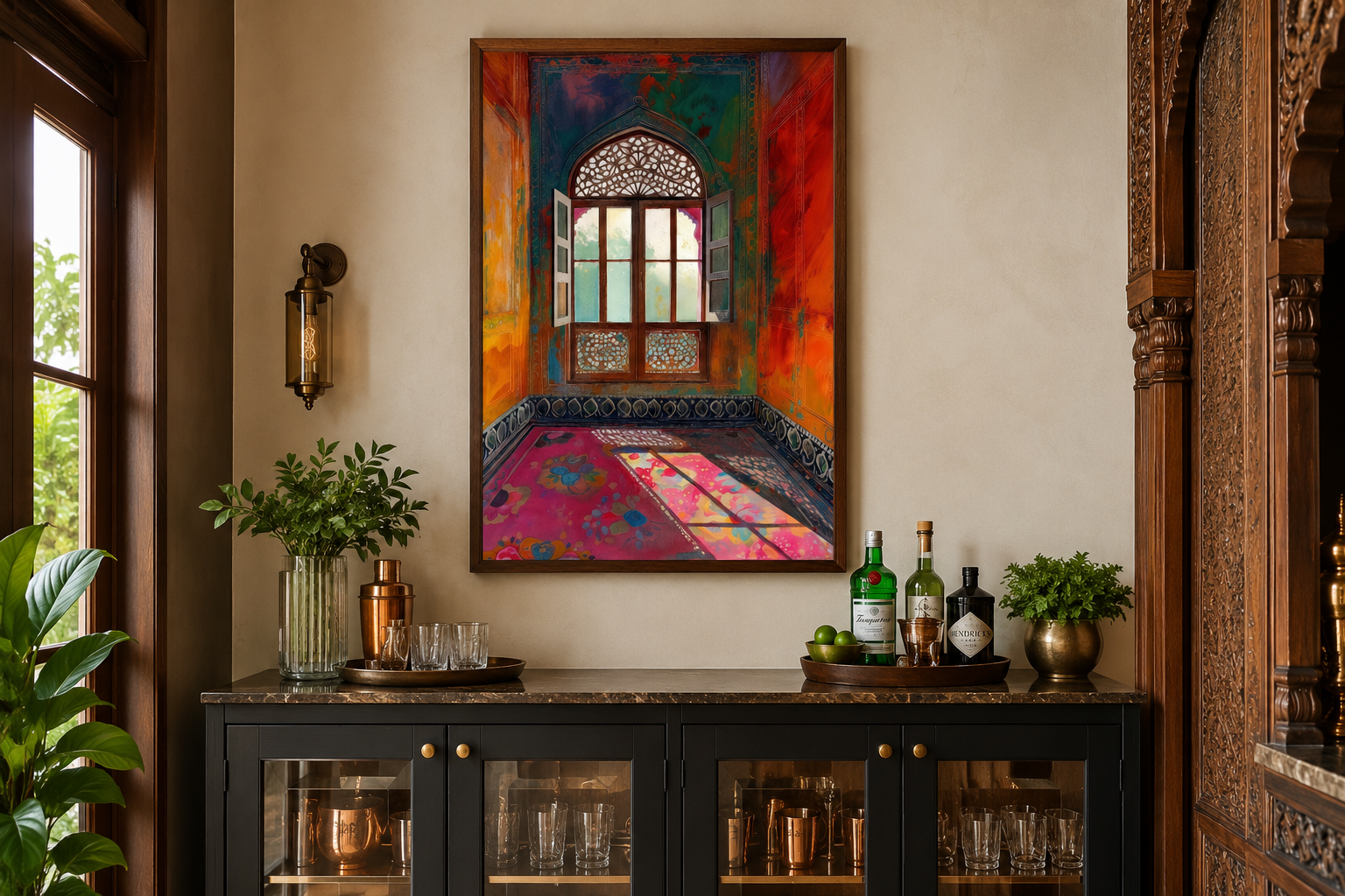 Indian Window And Traditional Room Framed Canvas Wall Art