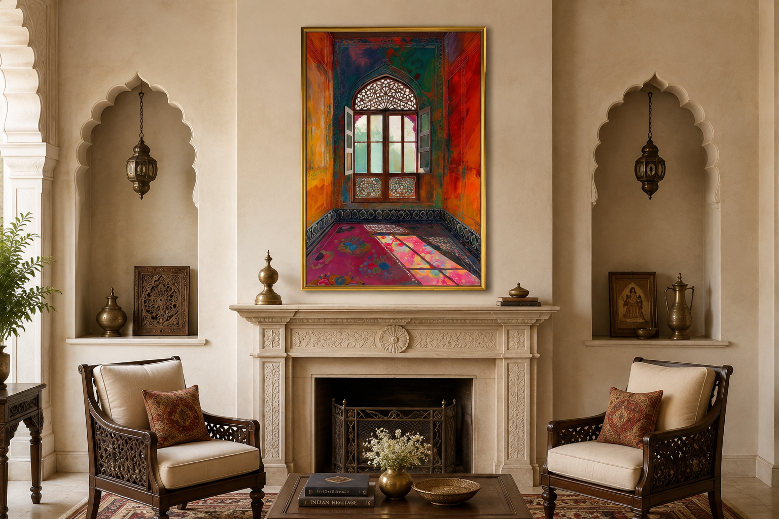 Indian Window And Traditional Room Framed Canvas Wall Art