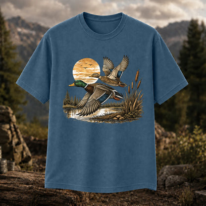 Mallard Ducks Flying at Sunset T-Shirt, Retro Waterfowl Hunting Tee