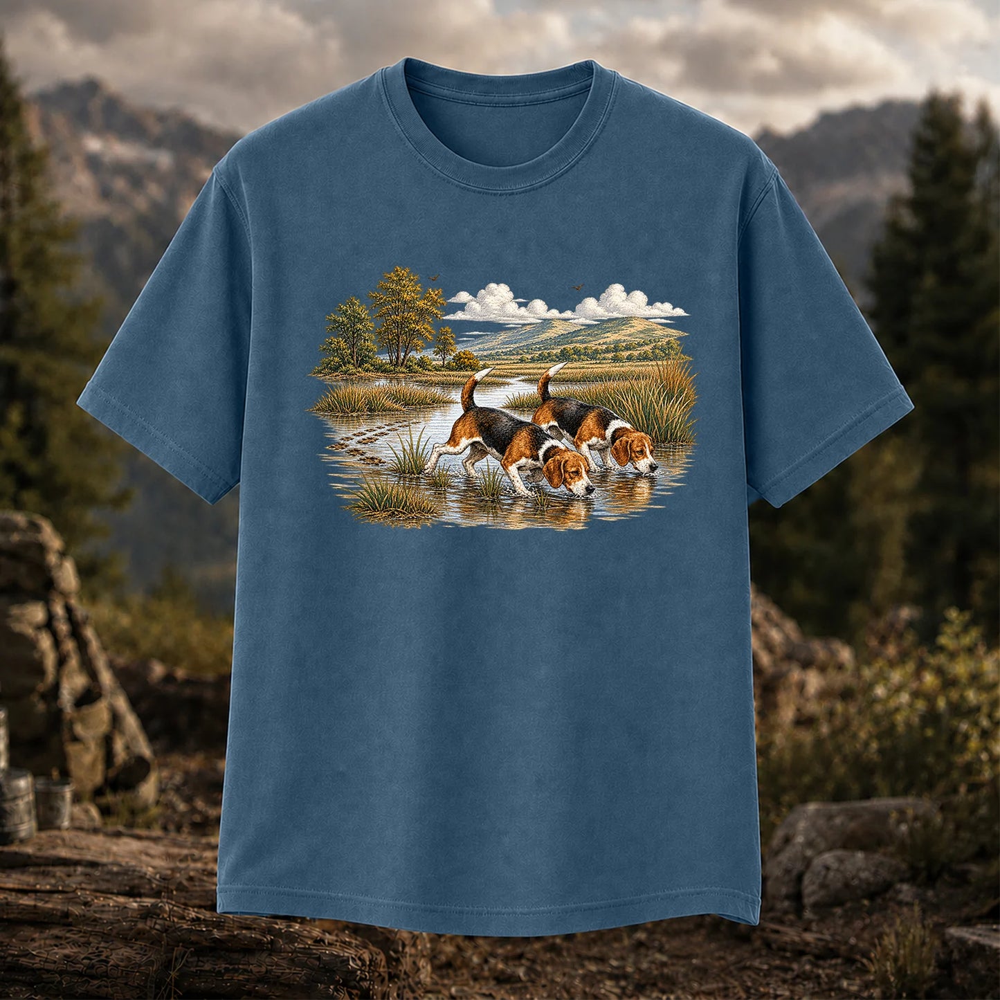 Beagles Tracking Through a Marsh T-Shirt, Vintage Hunting Dog Tee
