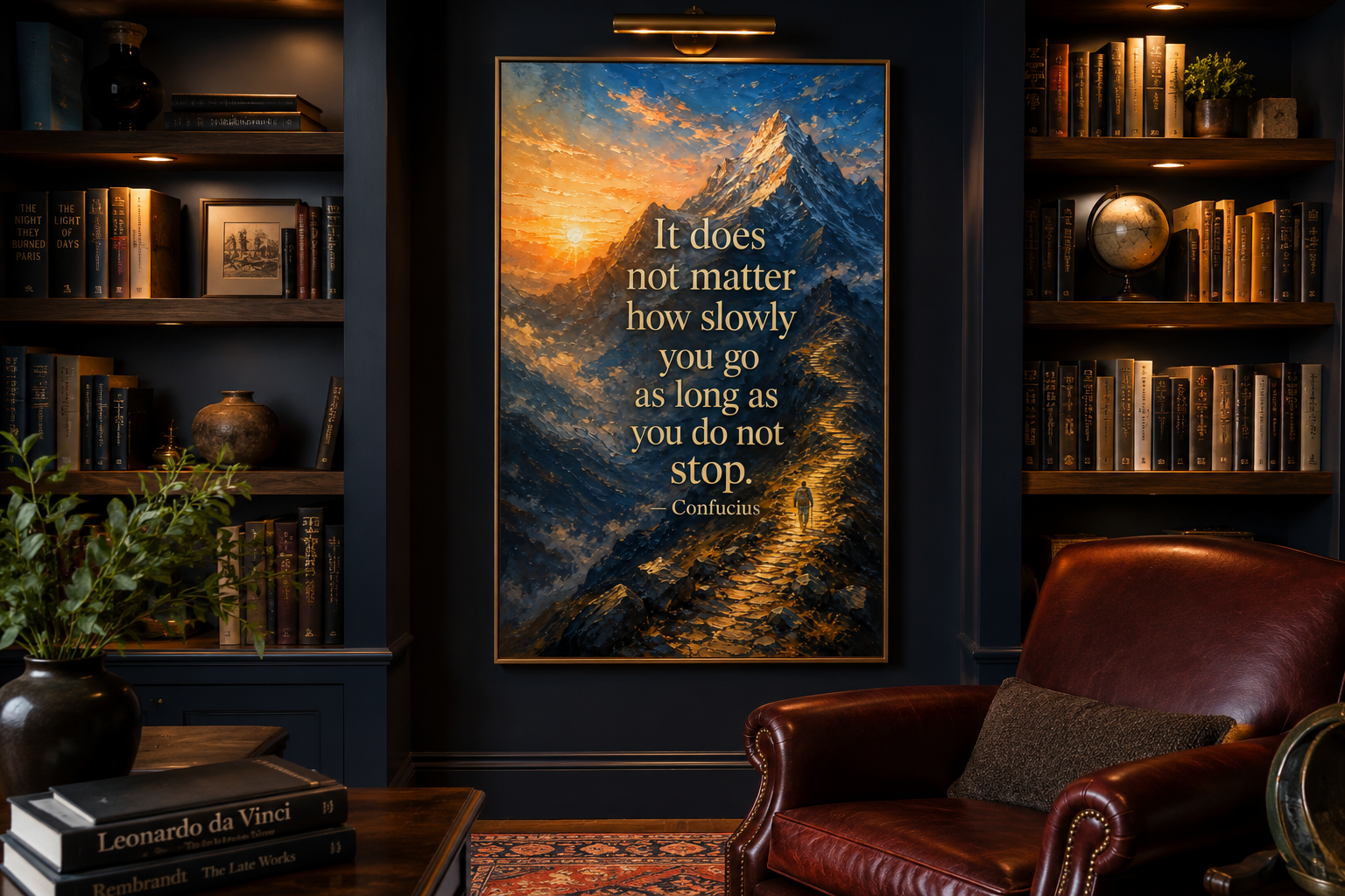 It Does Not Matter How Slowly You Go Confucius Quote Over Mountain Sunrise, Motivational Office Wall Art Canvas Print