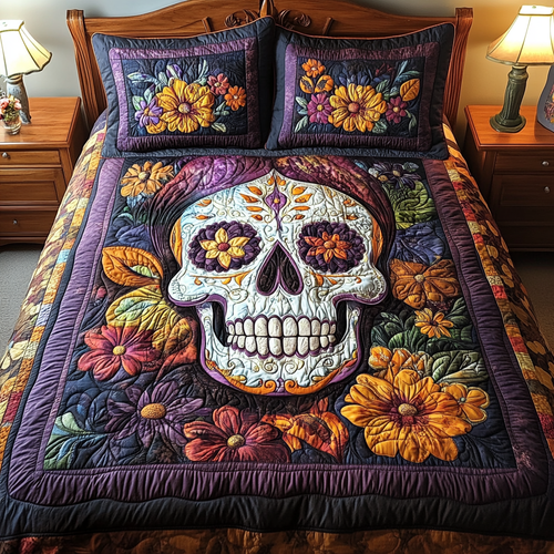 Intricate Skull 3-Piece Quilted Bedding Set - Single (59" x 70")