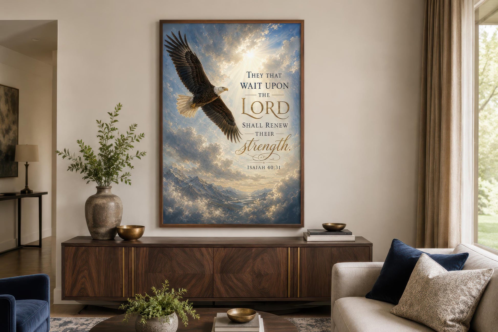 Isaiah 40:31 Scripture Christian Canvas Wall Art With Soaring Bald Eagle
