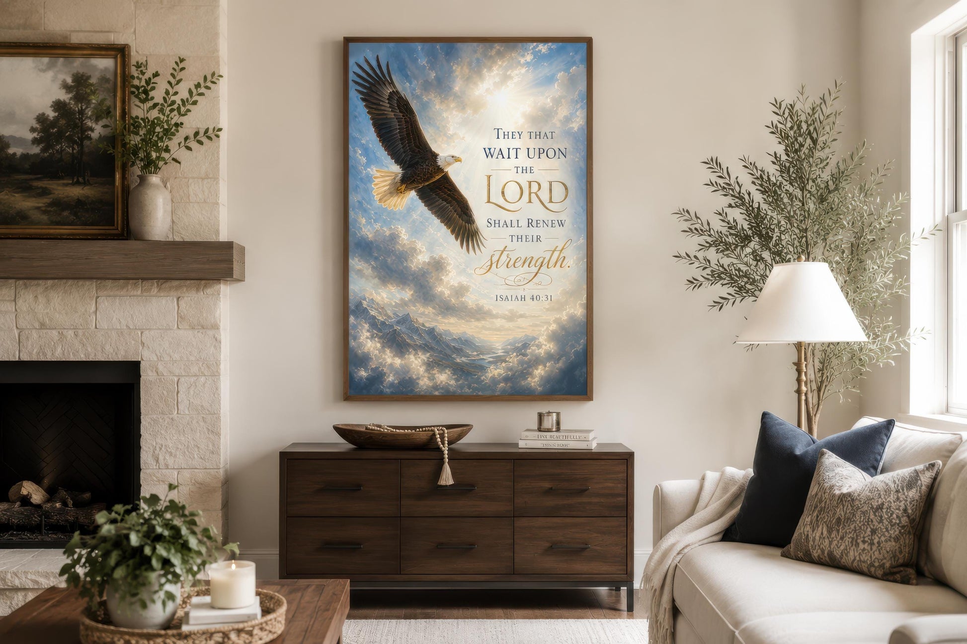 Isaiah 40:31 Scripture Christian Canvas Wall Art With Soaring Bald Eagle