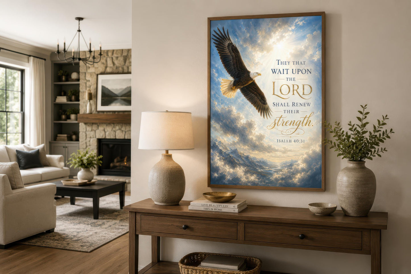 Isaiah 40:31 Scripture Christian Canvas Wall Art With Soaring Bald Eagle
