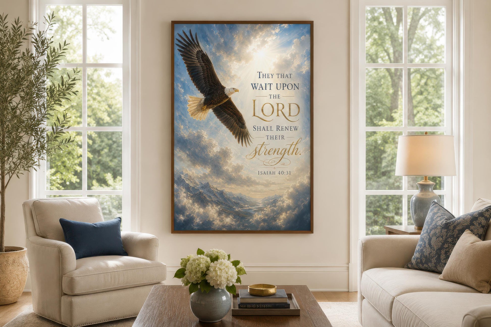 Isaiah 40:31 Scripture Christian Canvas Wall Art With Soaring Bald Eagle