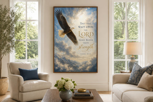Isaiah 40:31 Scripture Christian Canvas Wall Art With Soaring Bald Eagle