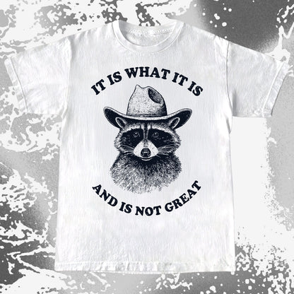 It Is What It Is (And It's Not Great) Raccoon Cowboy Shirt, funny meme tee gift (view 3)