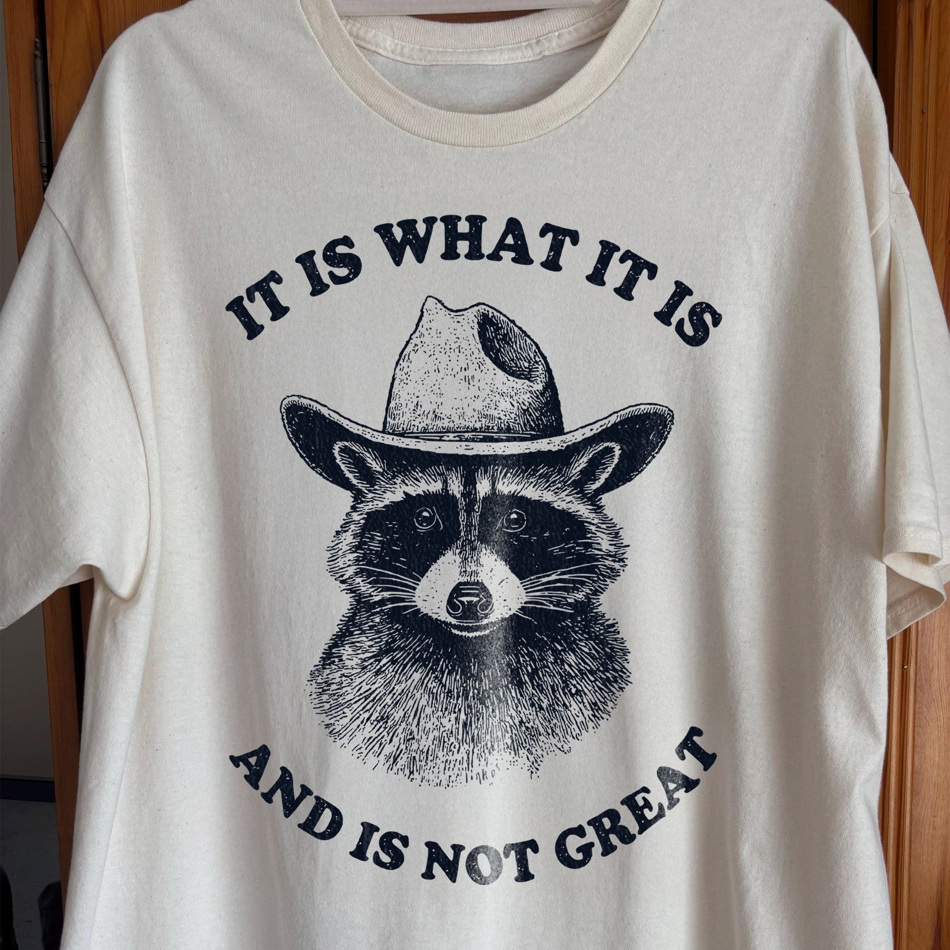 It Is What It Is (And It's Not Great) Raccoon Cowboy Shirt, funny meme tee gift (view 2)