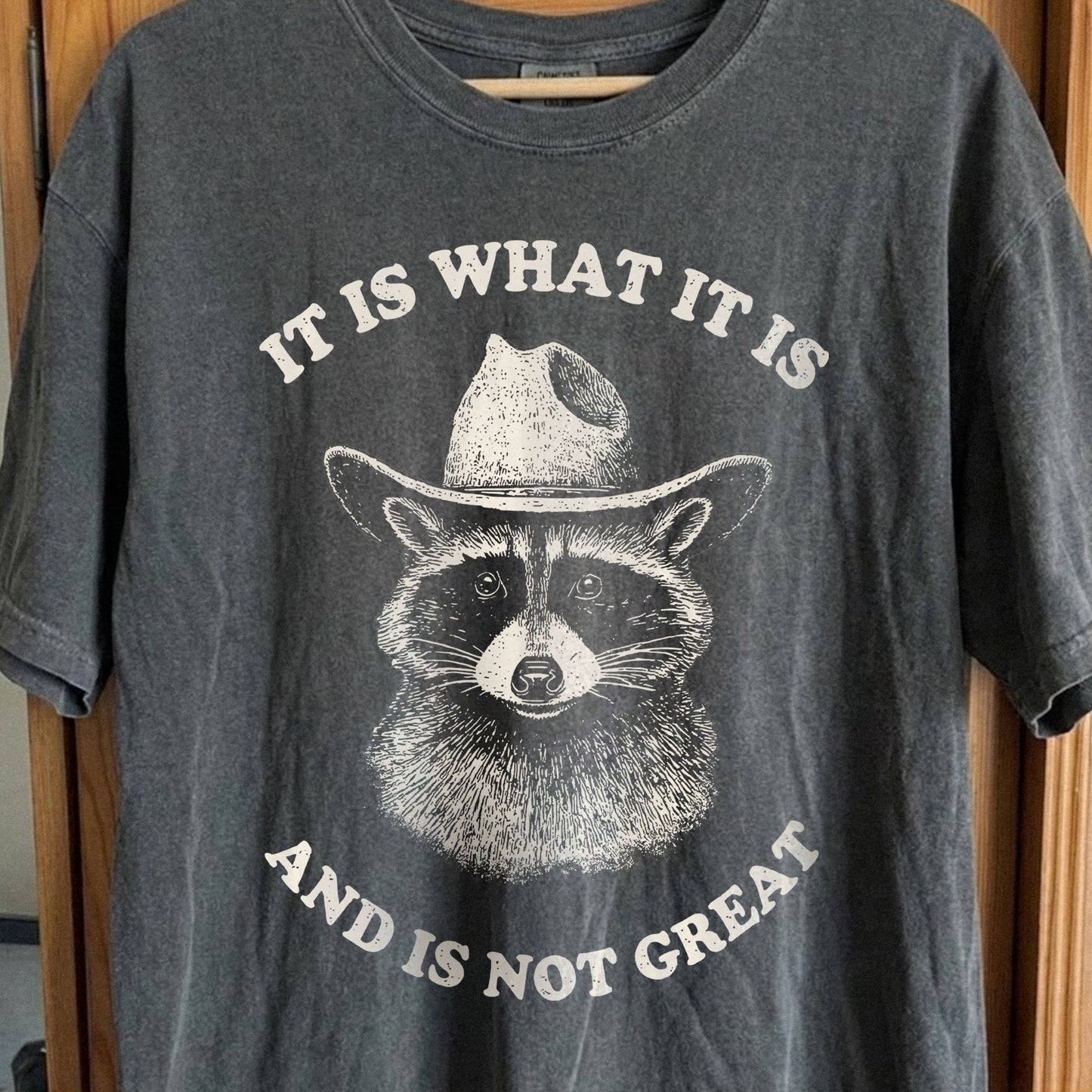 It Is What It Is (And It's Not Great) Raccoon Cowboy Shirt, funny meme tee gift