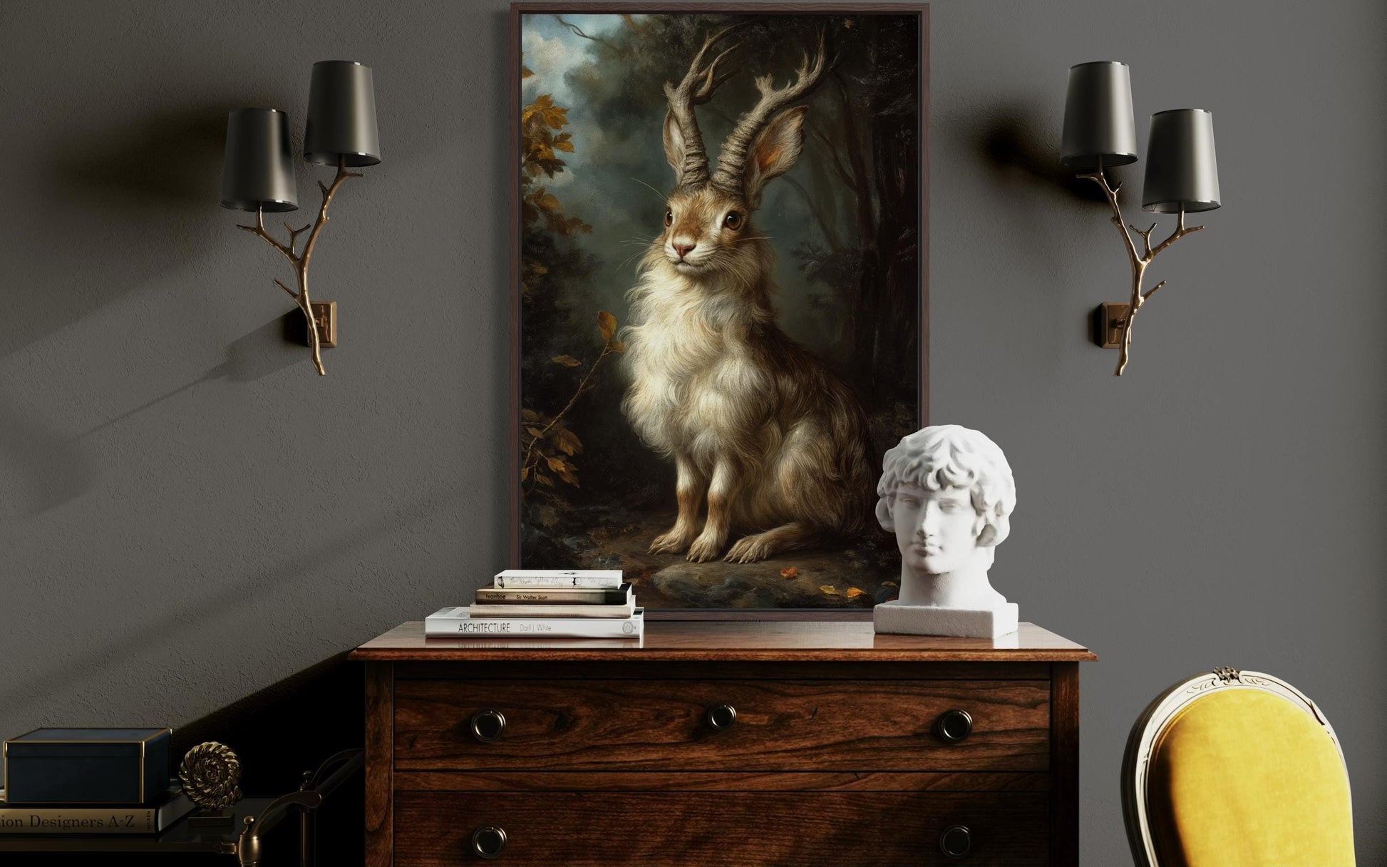 Jackalope In Dark Moody Forest Canvas Wall Art For Cabin Or Hunting Lodge Decor
