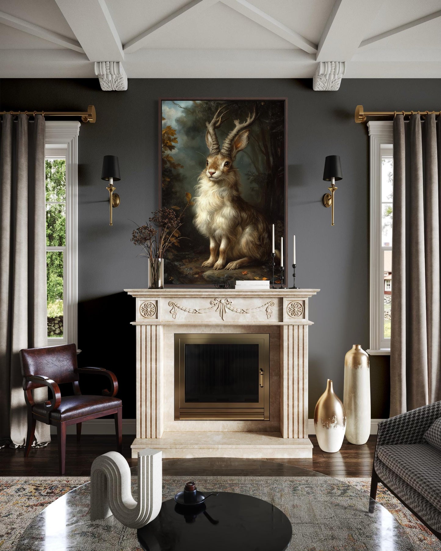 Jackalope In Dark Moody Forest Canvas Wall Art For Cabin Or Hunting Lodge Decor