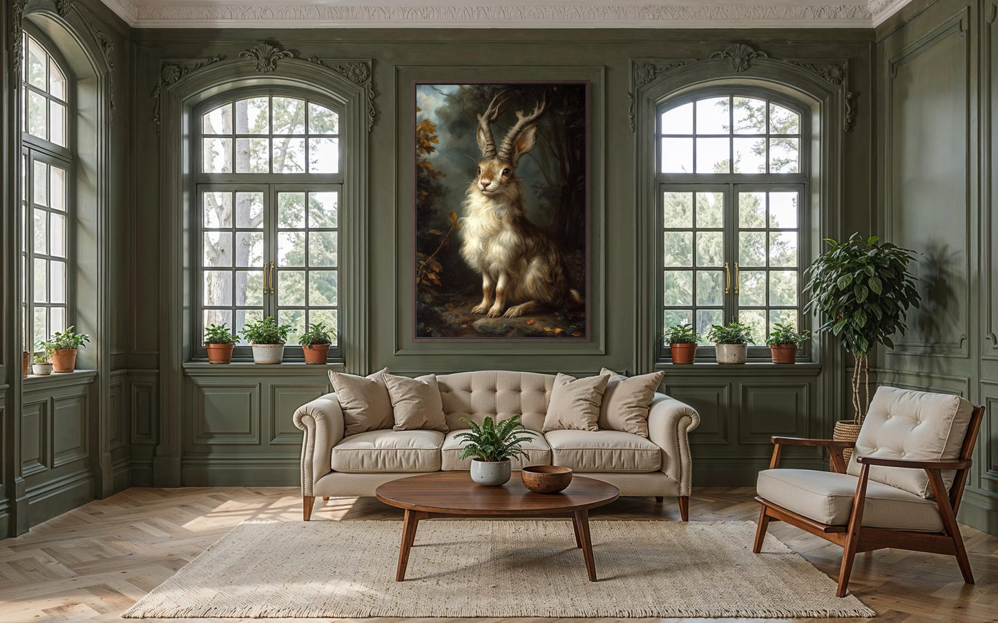 Jackalope In Dark Moody Forest Canvas Wall Art For Cabin Or Hunting Lodge Decor