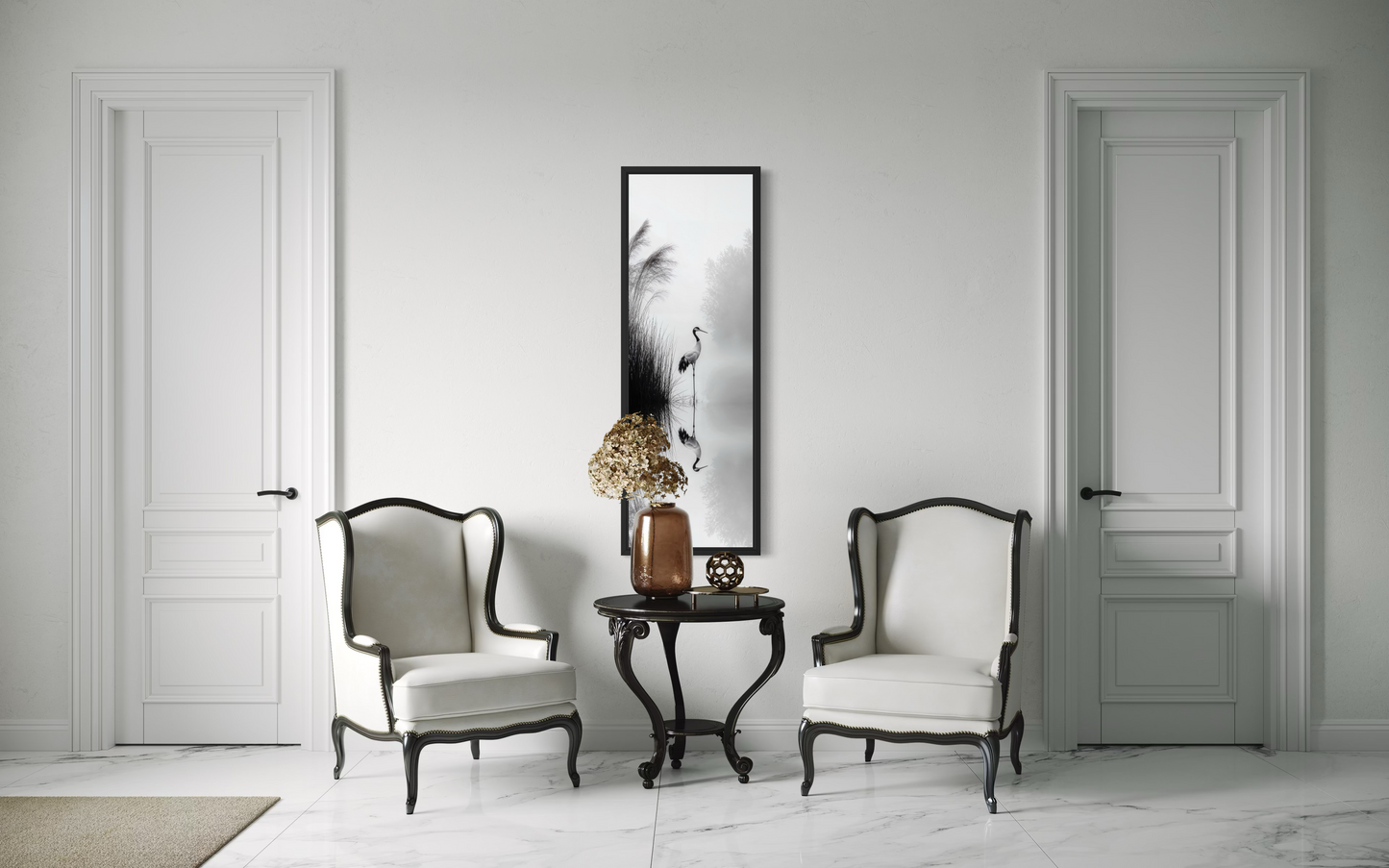 Tall Narrow Black White Japanese Crane Wall Art Zen Decor
