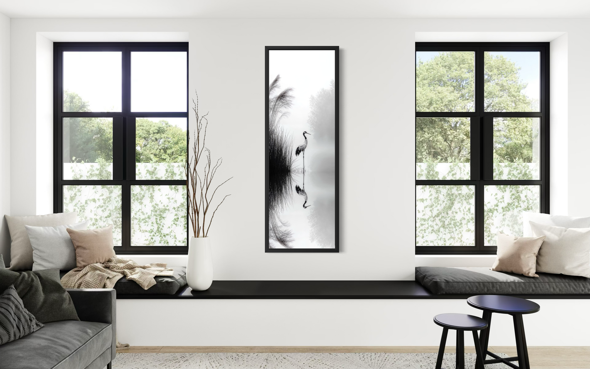 Tall Narrow Black White Japanese Crane Wall Art Zen Decor