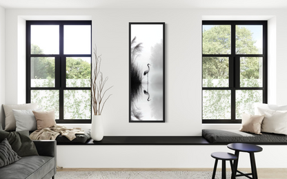 Tall Narrow Black White Japanese Crane Wall Art Zen Decor