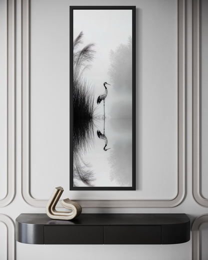 Tall Narrow Black White Japanese Crane Wall Art Zen Decor