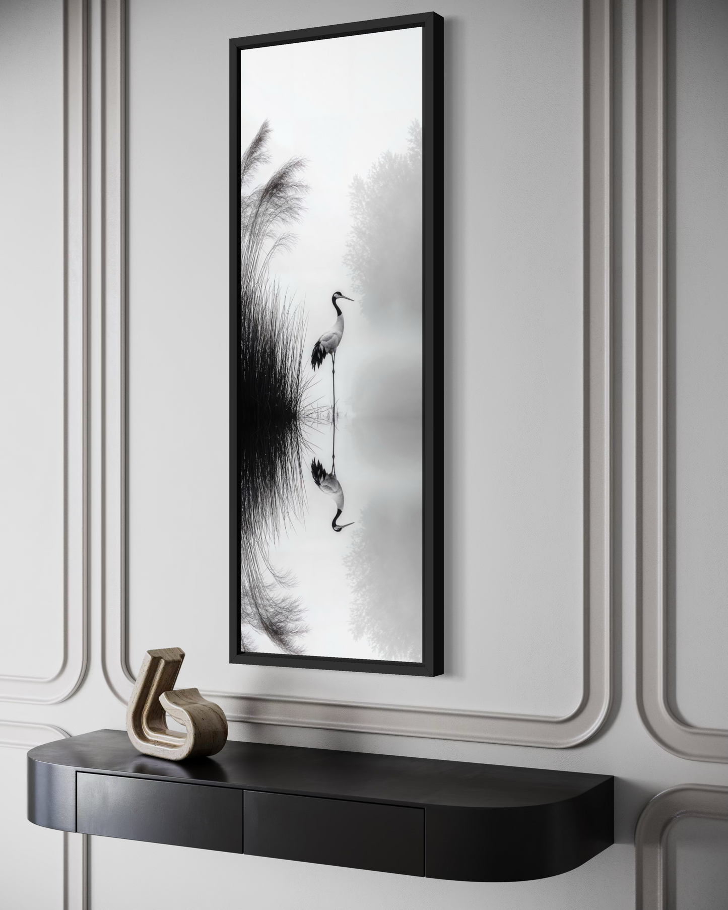 Tall Narrow Black White Japanese Crane Wall Art Zen Decor