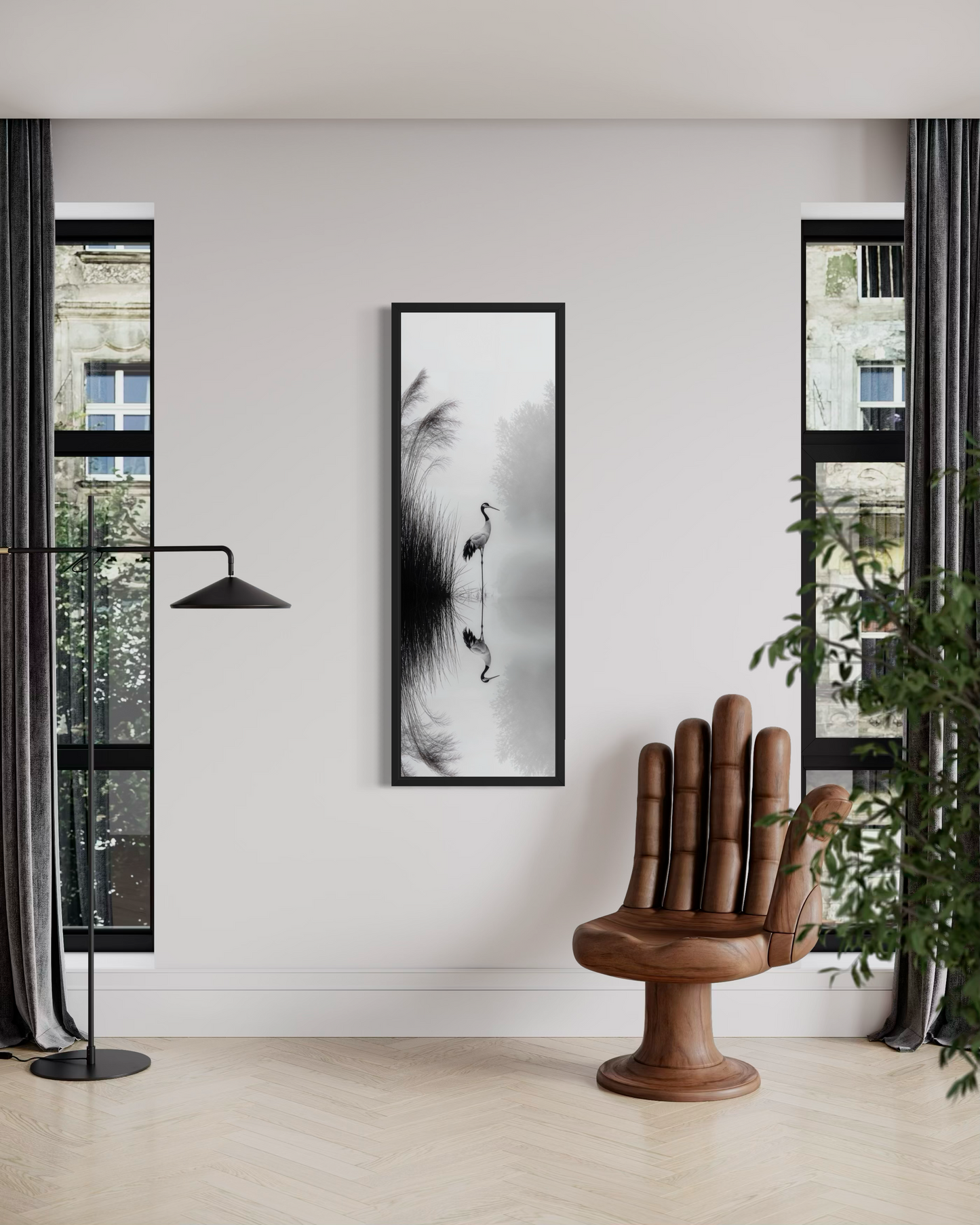 Tall Narrow Black White Japanese Crane Wall Art Zen Decor