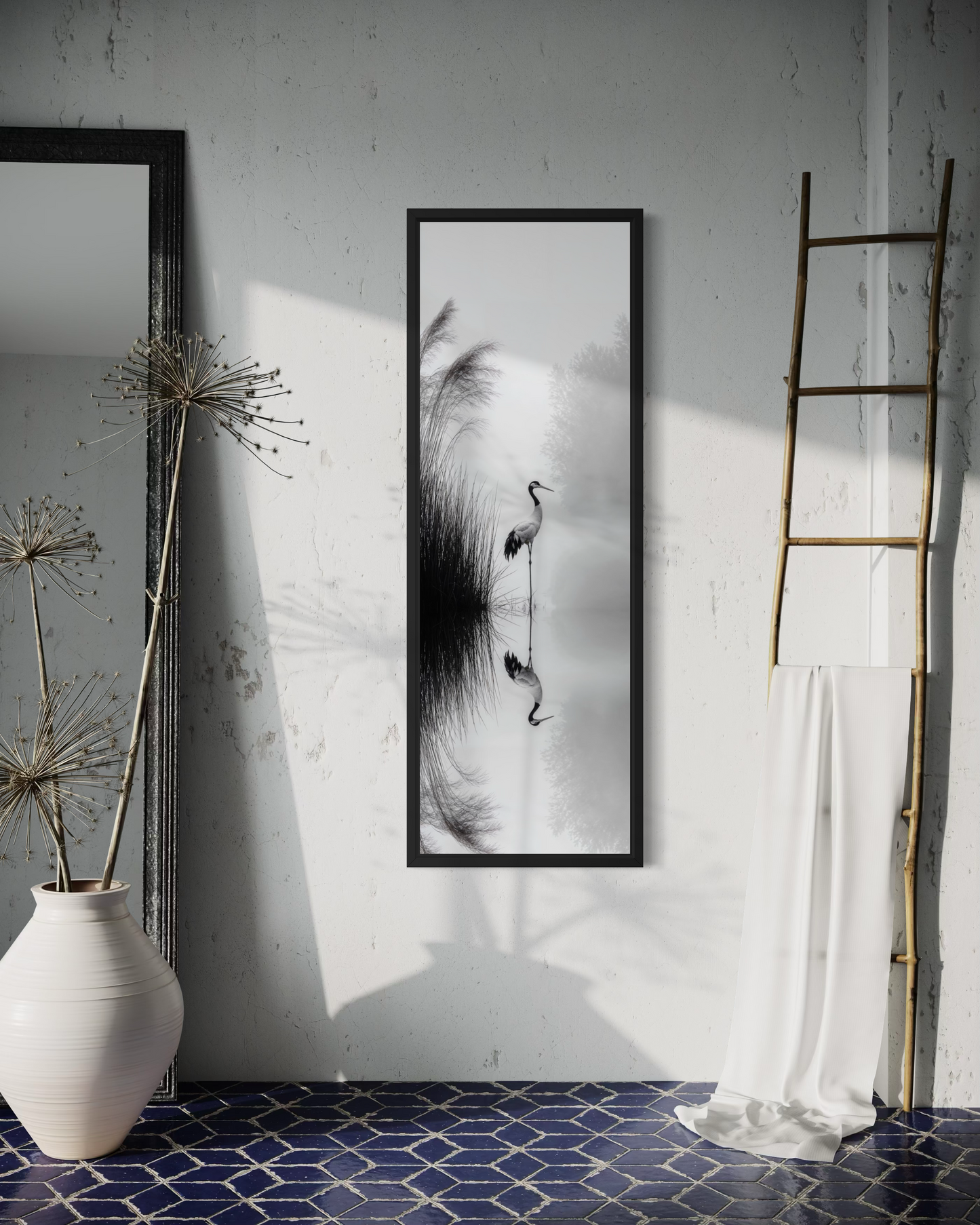 Tall Narrow Black White Japanese Crane Wall Art Zen Decor
