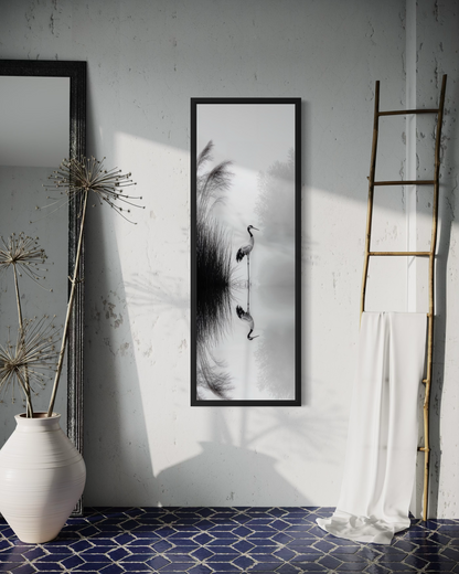 Tall Narrow Black White Japanese Crane Wall Art Zen Decor