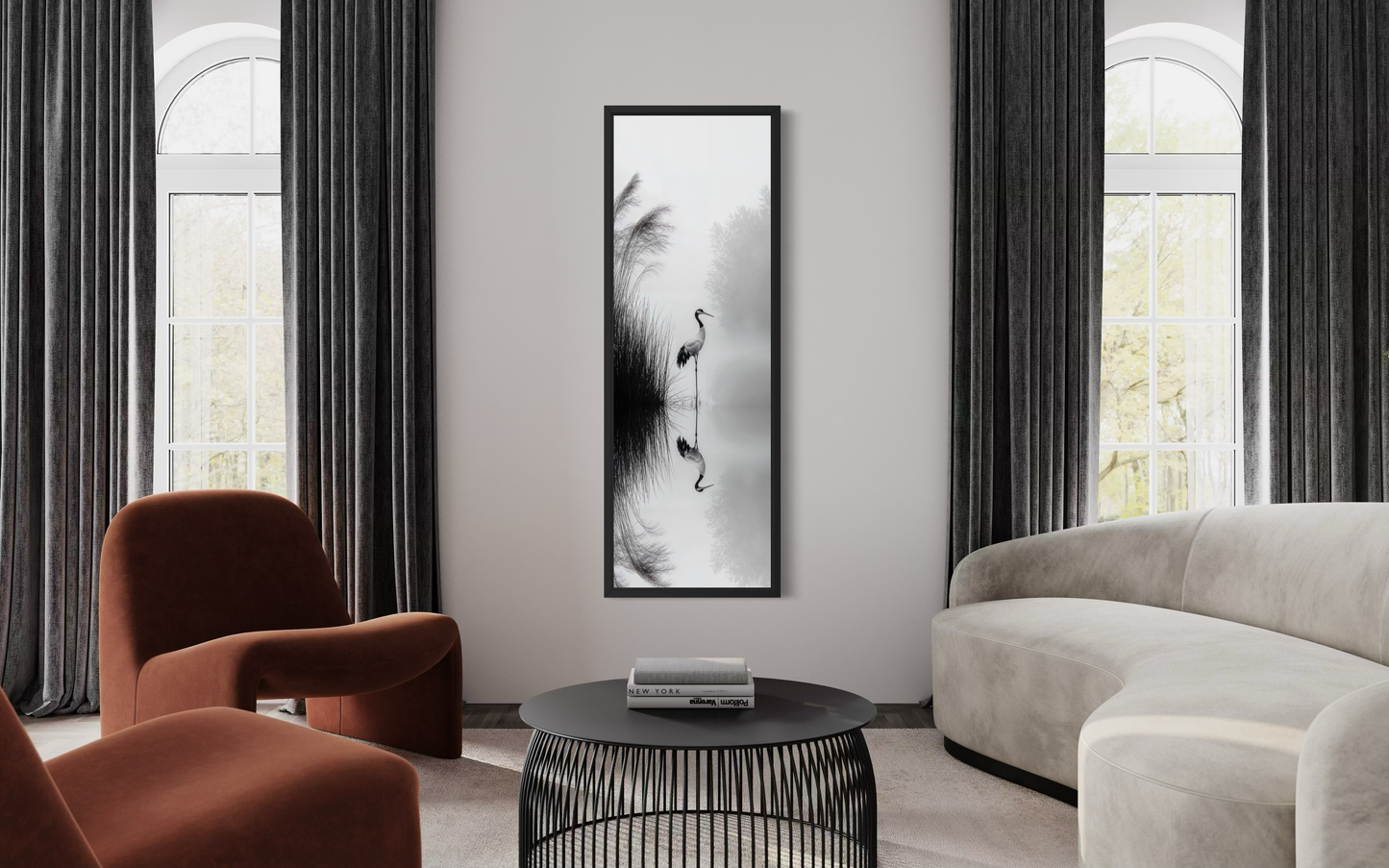 Tall Narrow Black White Japanese Crane Wall Art Zen Decor