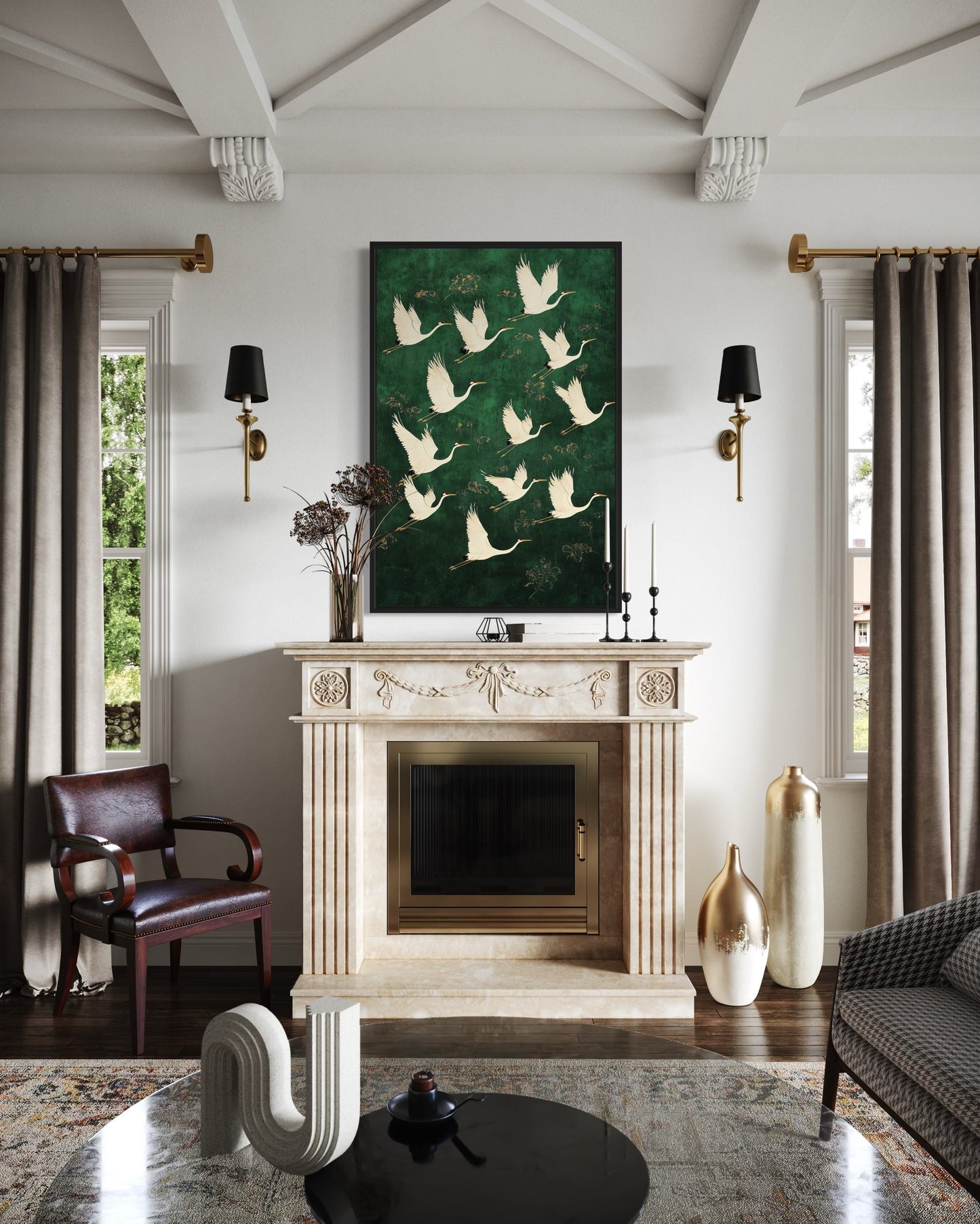 Japanese Cranes Flying On Green Background Framed Canvas Wall Art