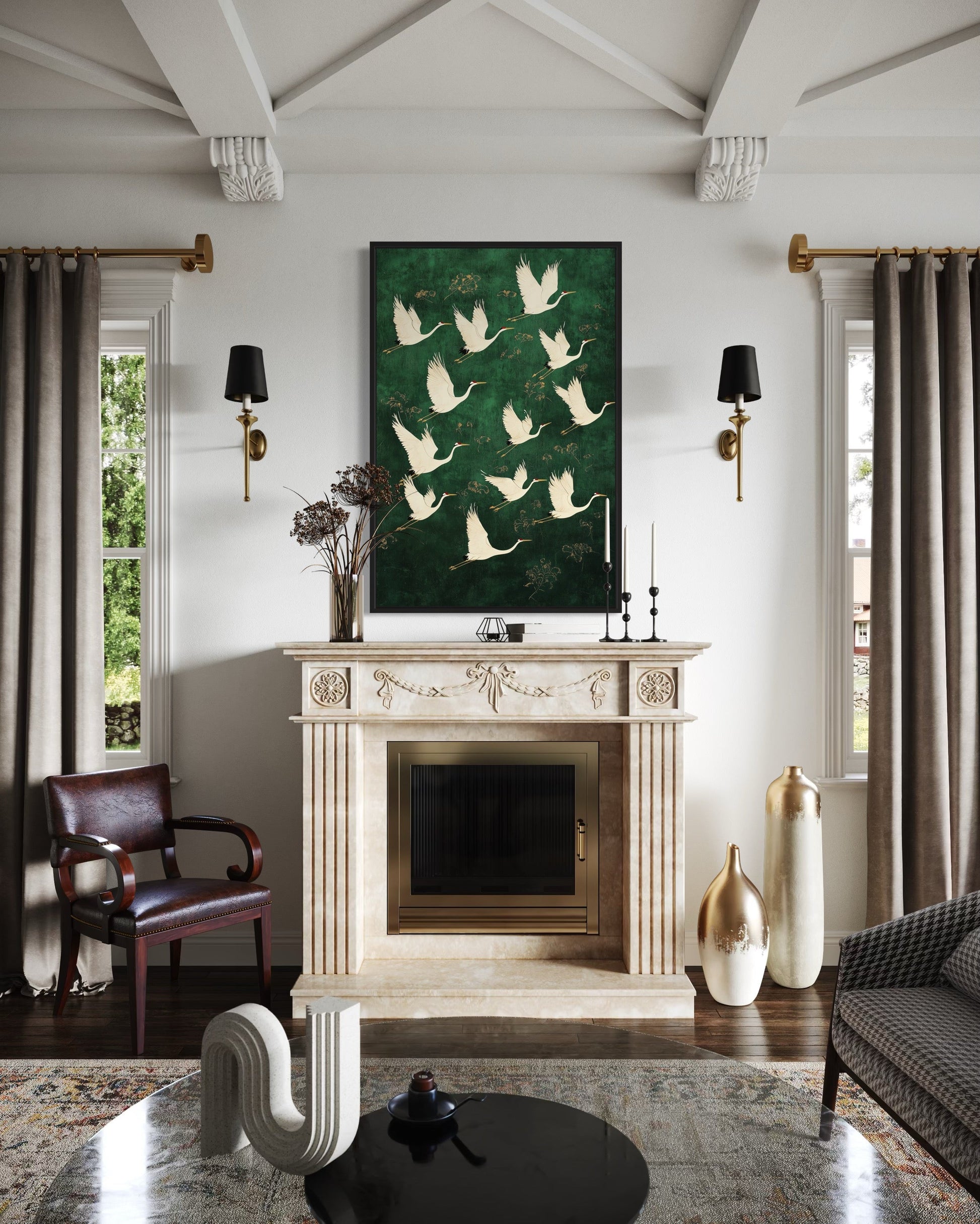Japanese Cranes Flying On Green Background Framed Canvas Wall Art