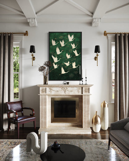 Japanese Cranes Flying On Green Background Framed Canvas Wall Art