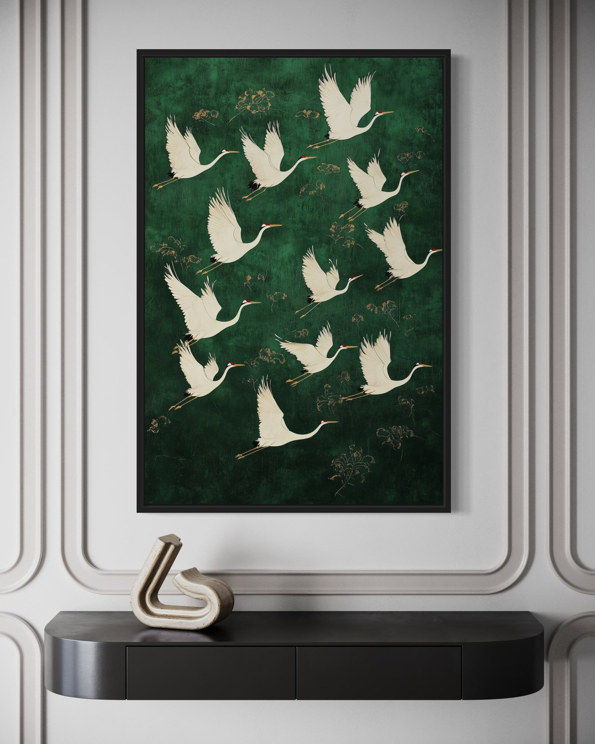 Japanese Cranes Flying On Green Background Framed Canvas Wall Art